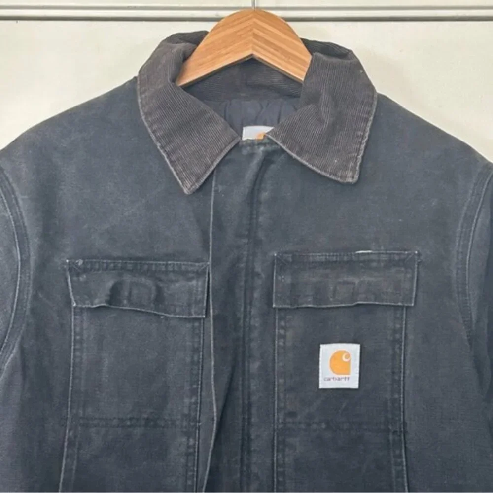 Vintage Carhartt Black Canvas Quilted Corduroy Collar Chore Work Jacket Size 48 - Picture 11 of 12